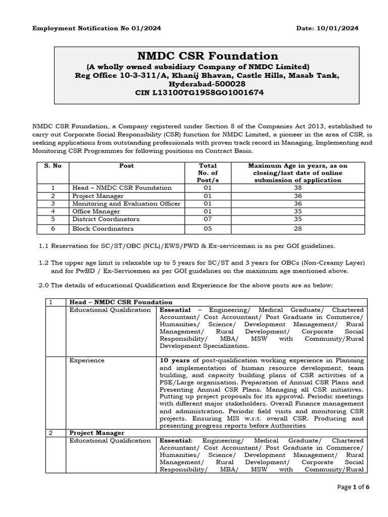 NMDC CSR Foundation Job Openings | PDF | Non Governmental Organization ...
