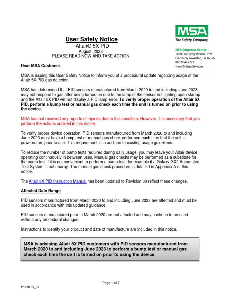 MSA ALTAIR 5X PID 23013 - 02UserNotice | PDF