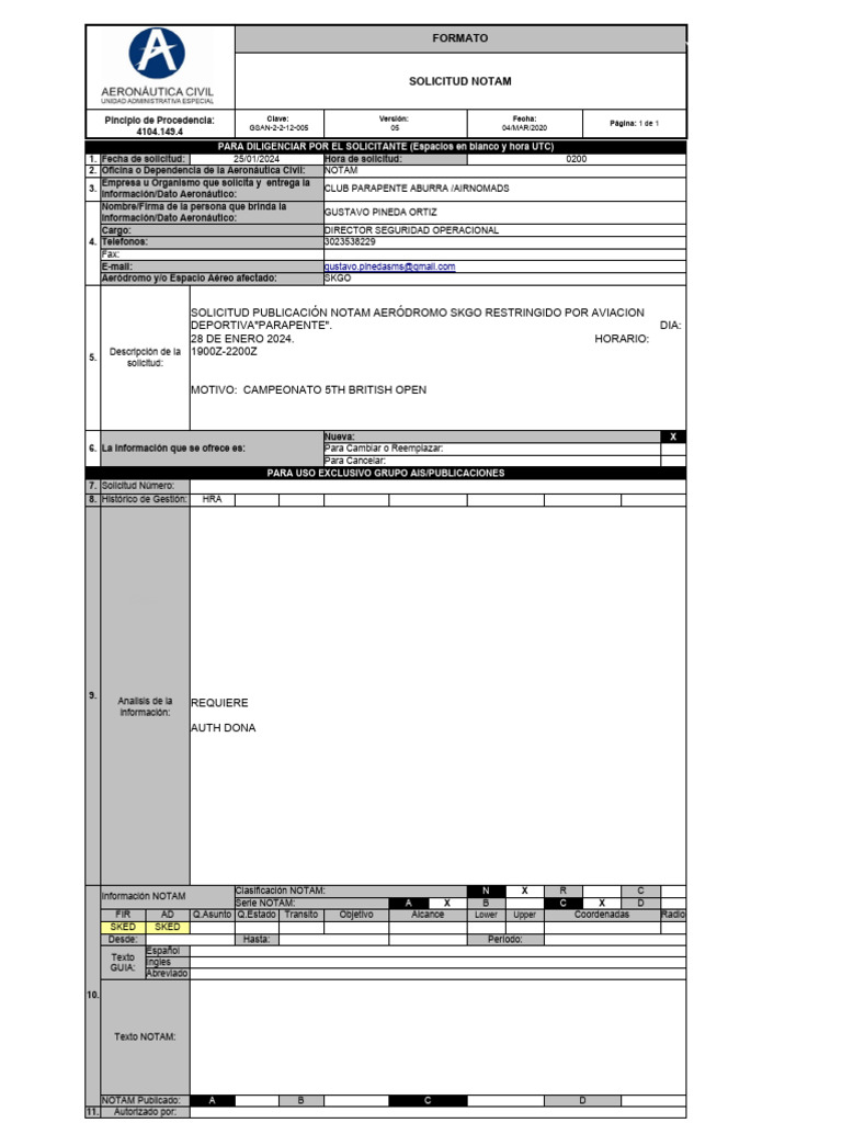 NOTAM: Restricción SKGO por Parapente | PDF | Seguridad de la aviación ...