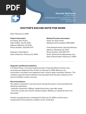 Doctor's Excuse Note for Work Template