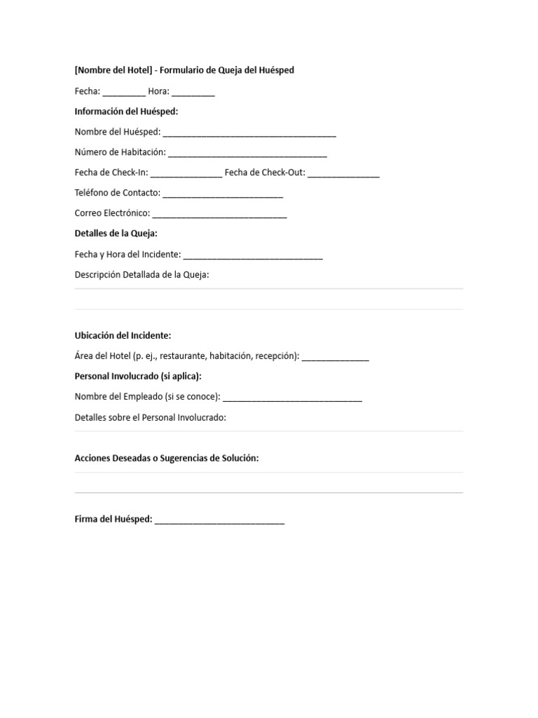 Formulario de Queja del Huésped | PDF