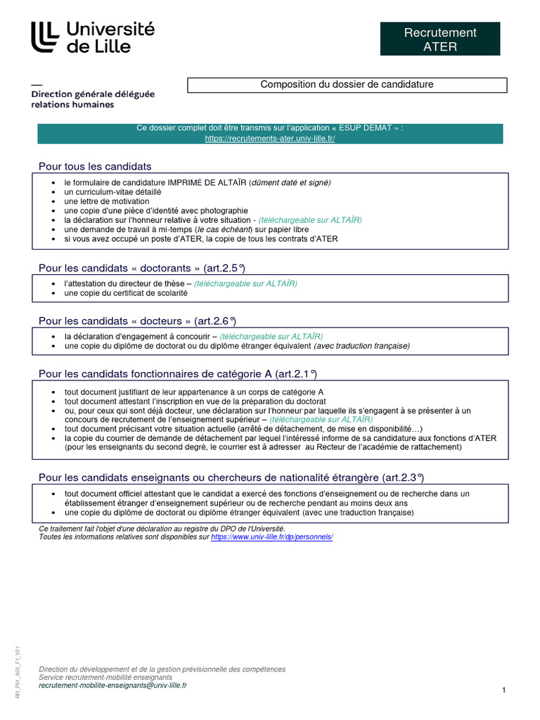 Dossier de candidature ATER complet | PDF | Doctorat