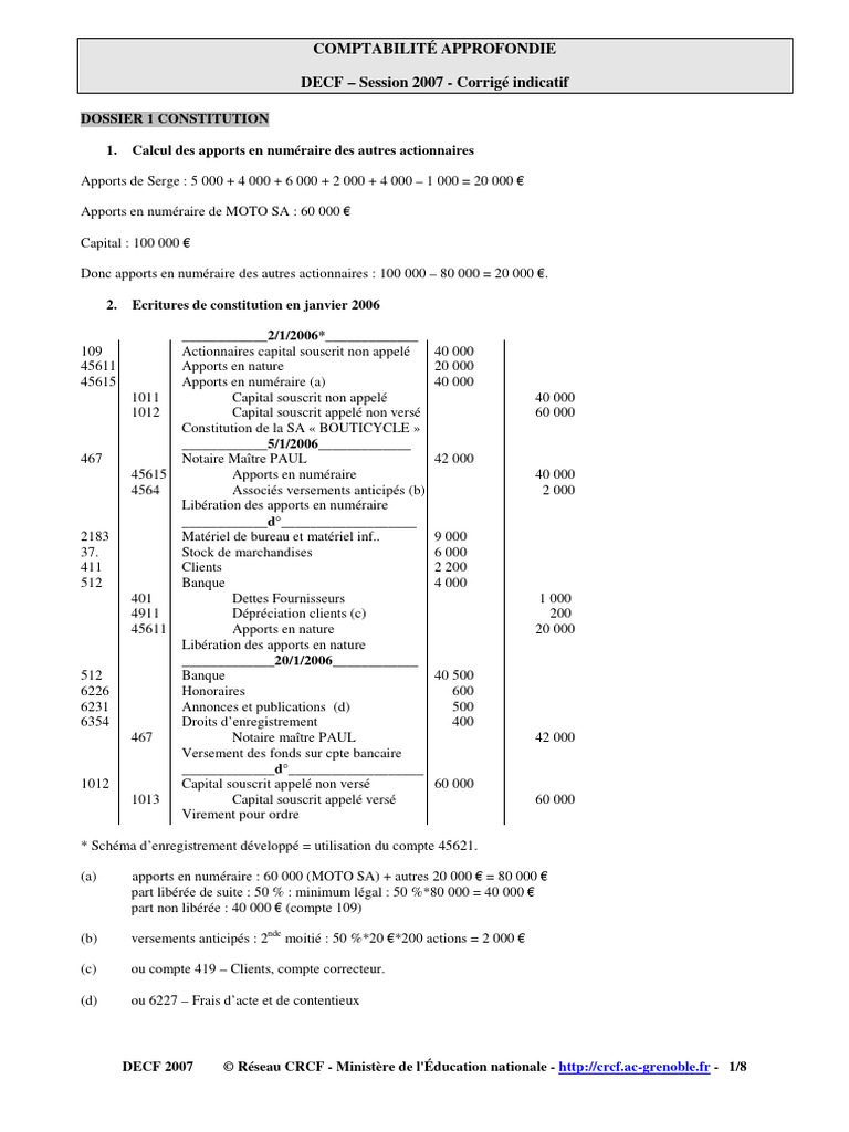 Comptabilité DECF 2007 : Apports et Écritures | PDF | Dépréciation ...