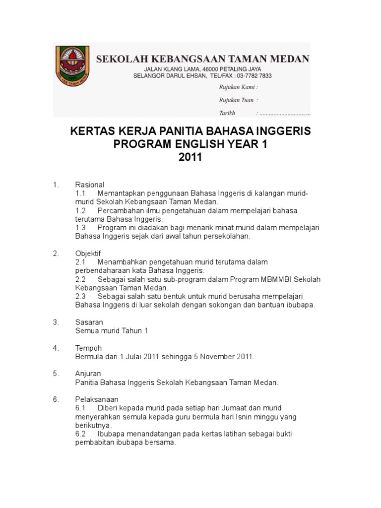 Kertas Kerja Program English Year 1