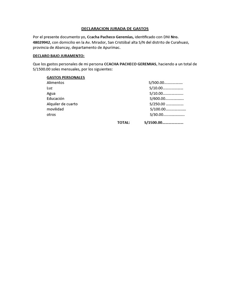 Declaracion Jurada de Ingreso y Egresos | PDF