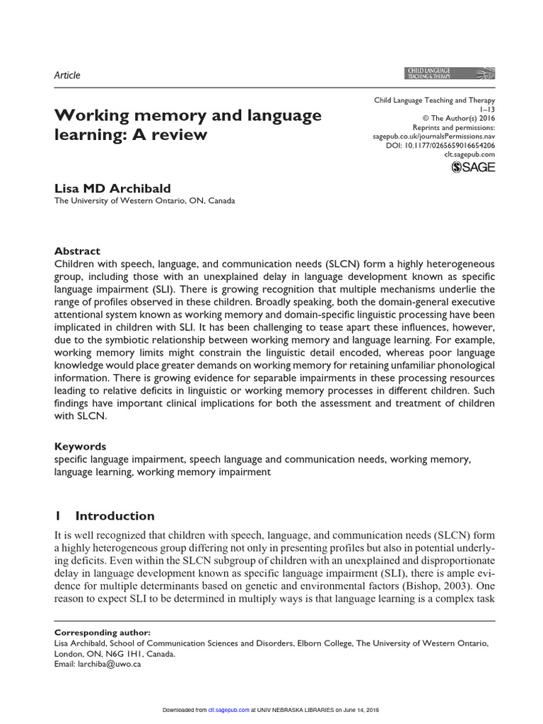 Working memory and language learning - a review | PDF | Working Memory ...