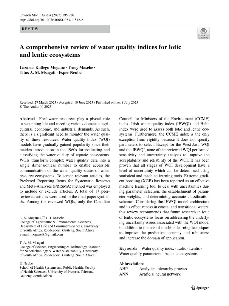 A Comprehensive Review of Water Quality Indices - Mogane Et Al, 2023 ...