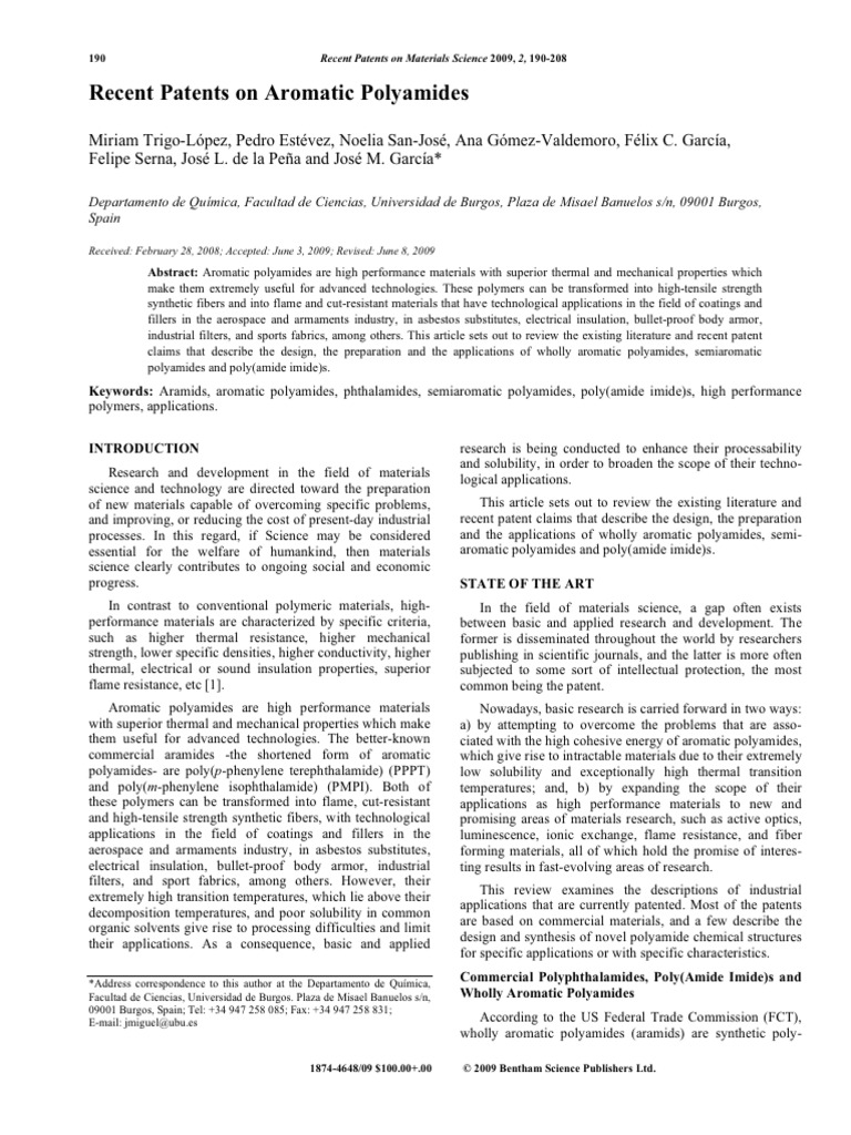 Aromatic Polyamides Patents Review | PDF | Polymers | Chemical Compounds