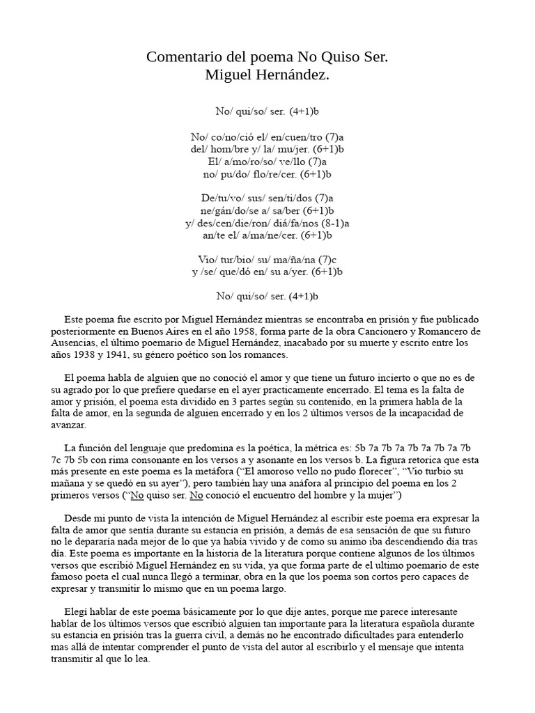 Comentario de Texto. No Quiso Ser. | PDF | Artes del lenguaje y ...
