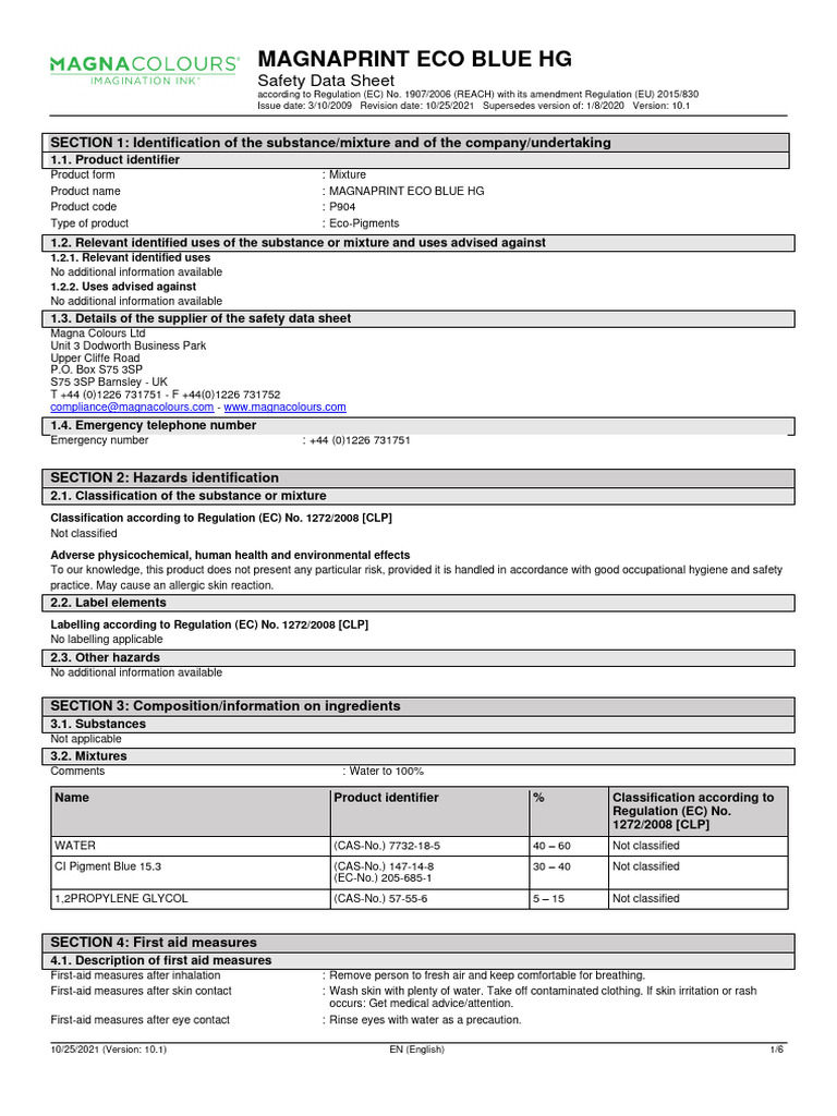 MAGNAPRINT ECO BLUE HG Safety Data Sheet | PDF | Dangerous Goods | Toxicity