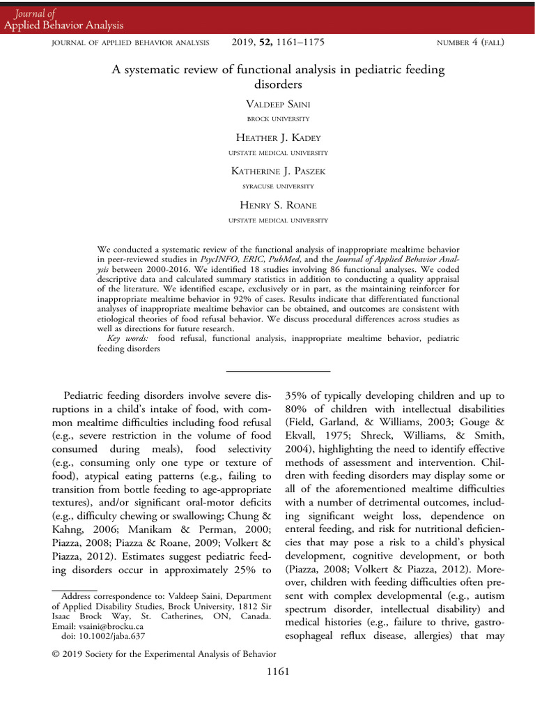 A Systematic Review of Functional Analysis in Pediatric Feeding ...
