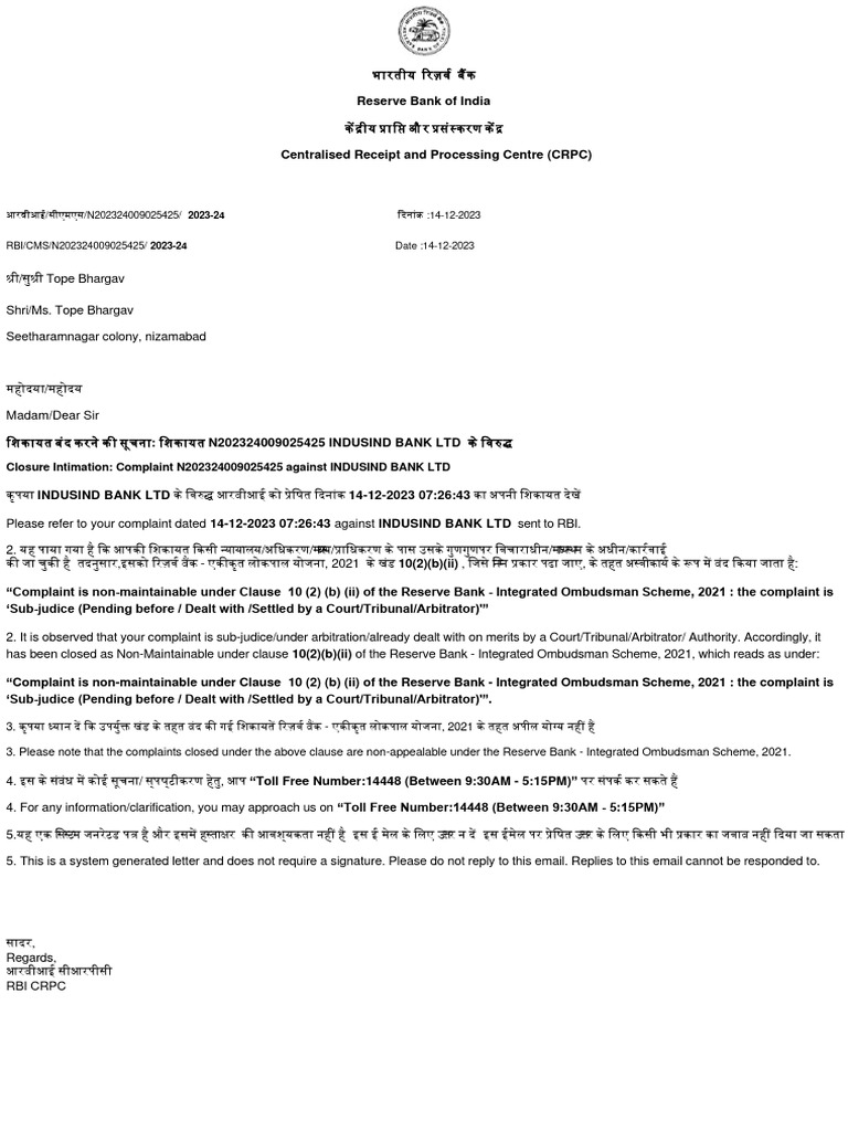 Closure Intimation: Complaint N202324009025425 Against INDUSIND BANK ...