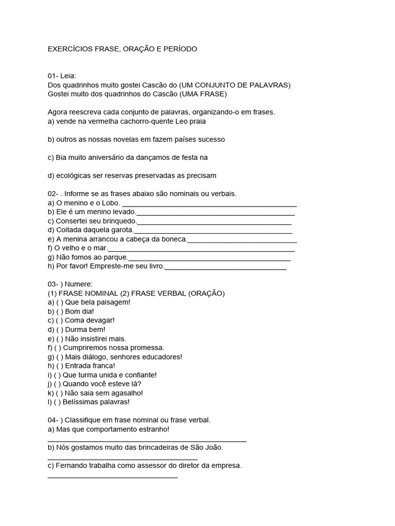 Exercícios sobre Frase e Oração | PDF