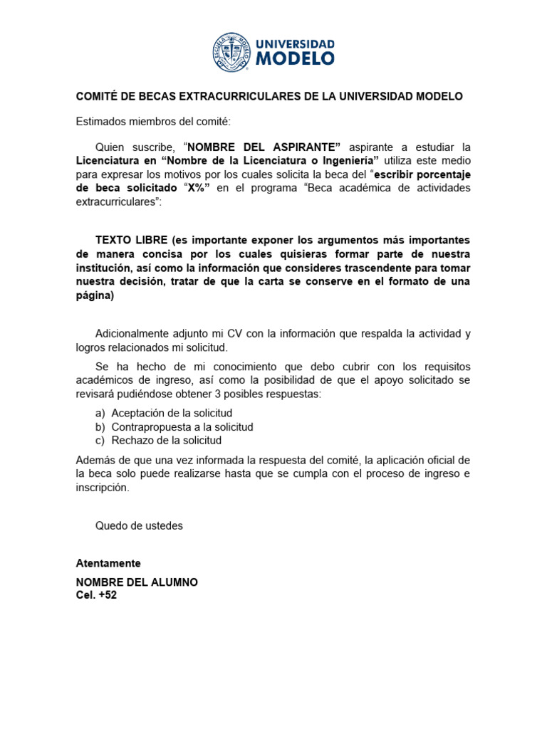 CARTA DE SOLICITUD DE BECA Extracurricular | PDF