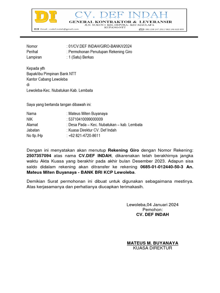 Surat Penutupan Rekening Giro CV. DEF INDAH | PDF