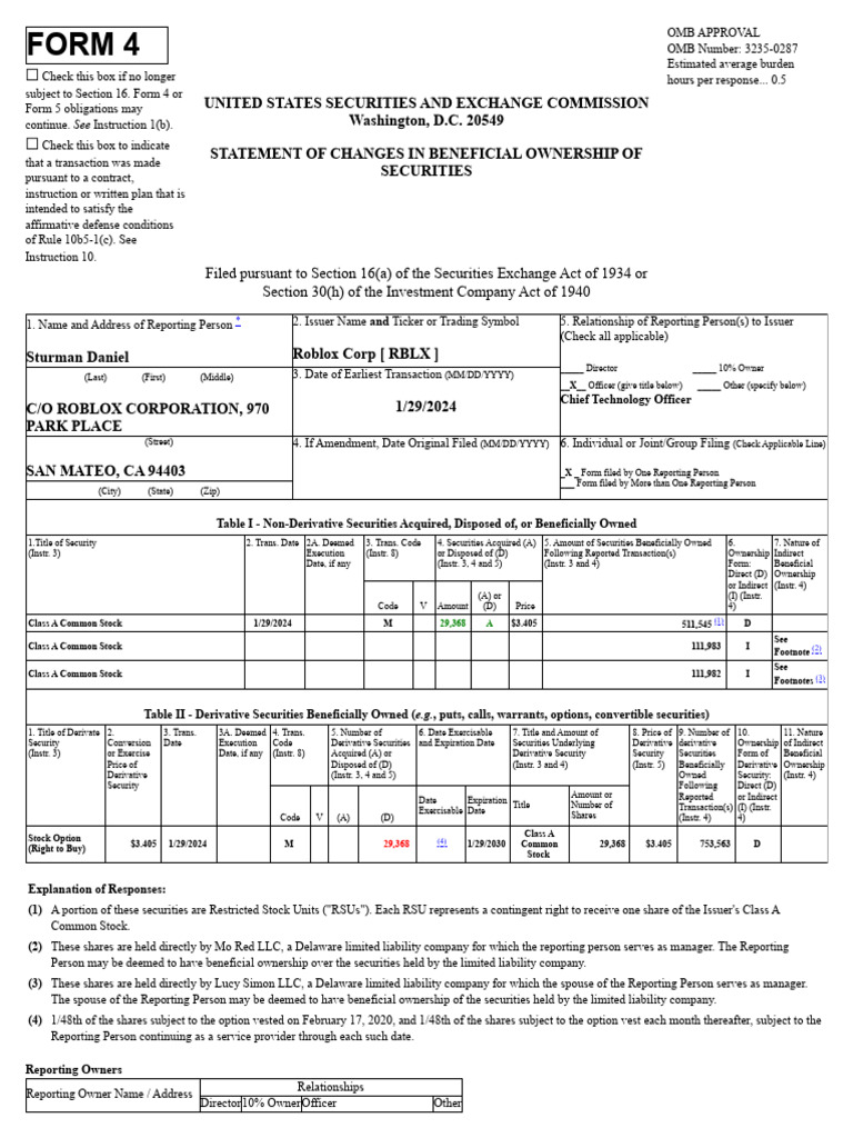 Roblox Form 4: Ownership Changes Report | PDF | Securities (Finance ...
