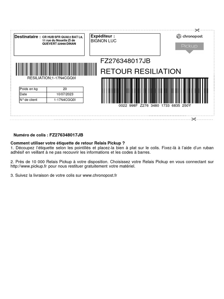  tiquette De Retour Chronopost SFR PDF