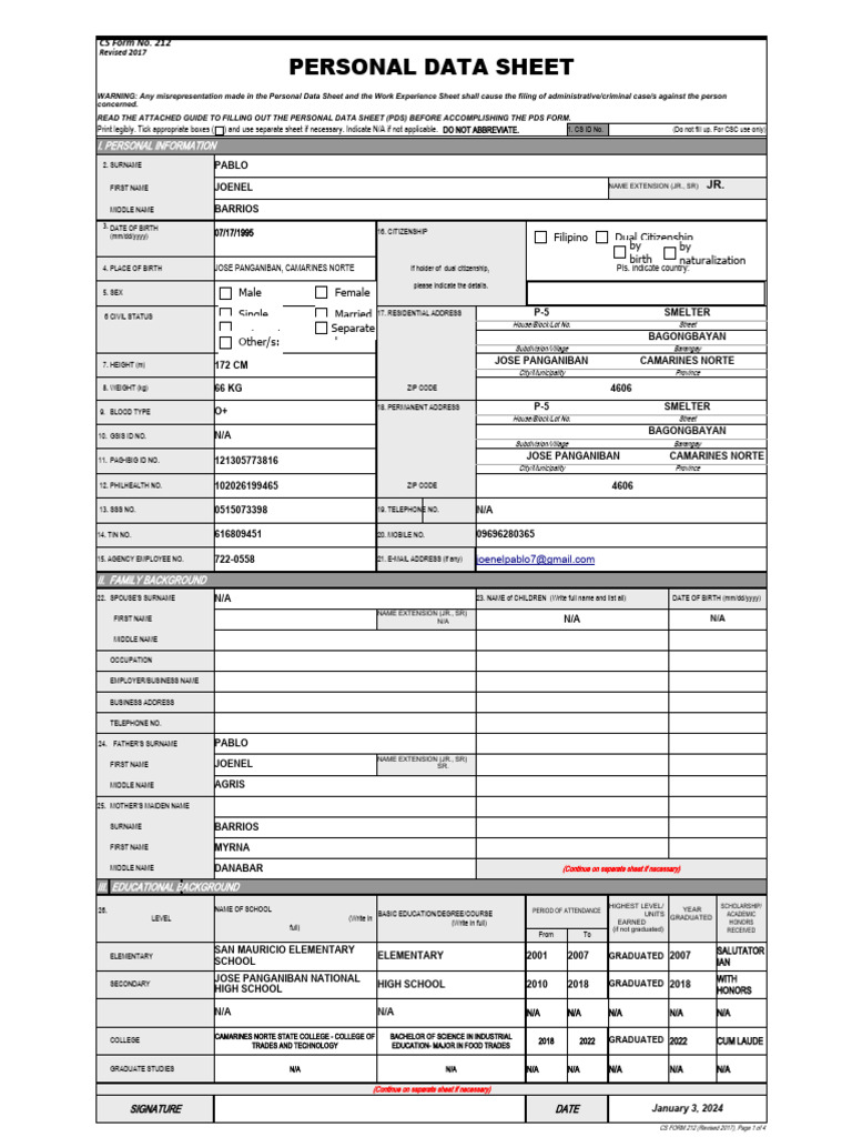 Personal Data Sheet | PDF | Government