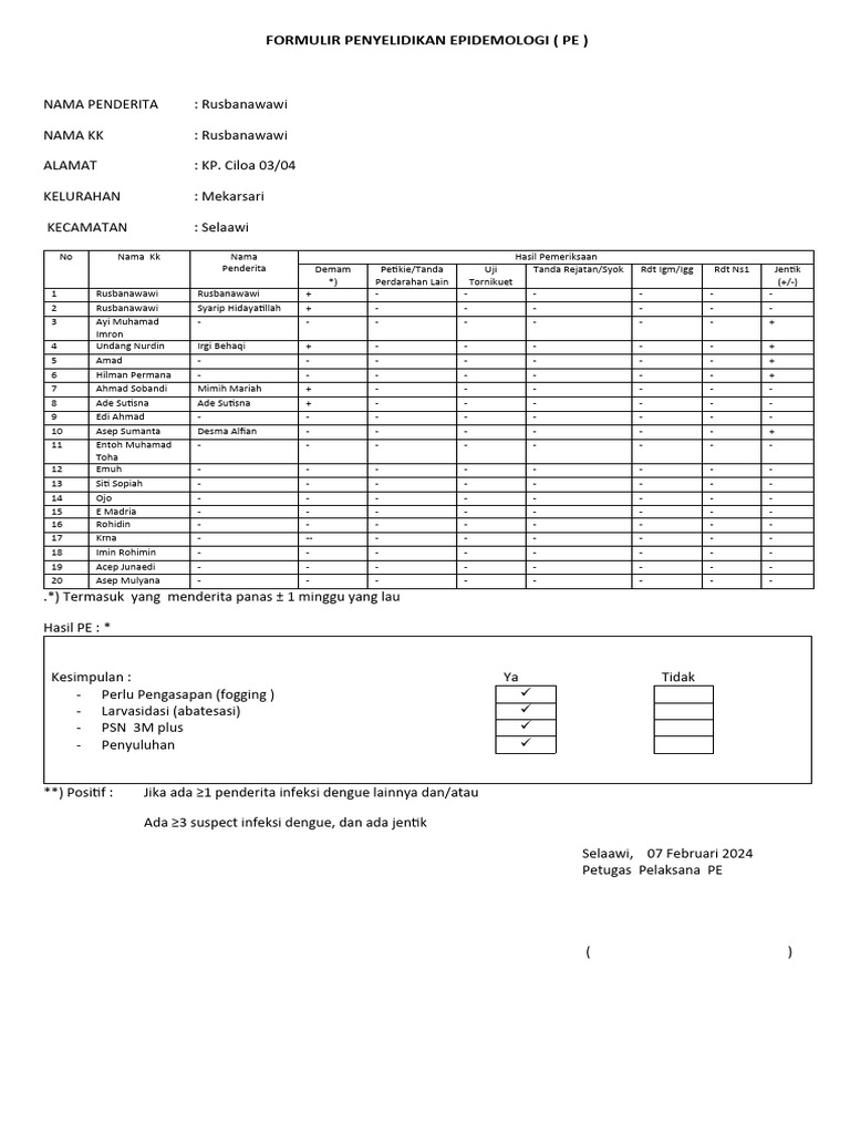 Penyelidikan Epidemiologi DBD Selaawi | PDF