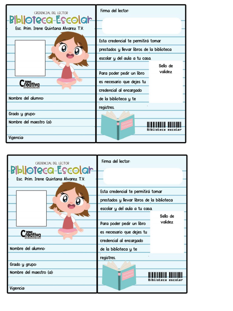 Credencial de Biblioteca Escolar Infantil | PDF