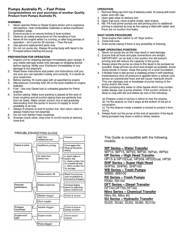 SHP80 Fast Prime Pump Manual | PDF | Pump | Valve