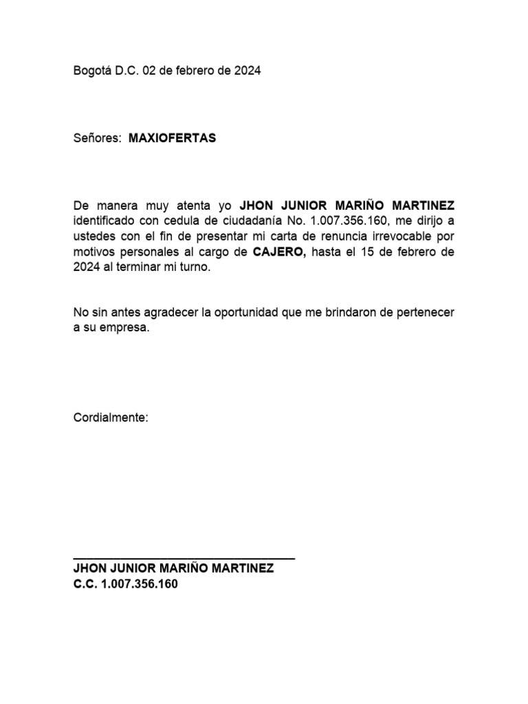 Carta de renuncia pdf