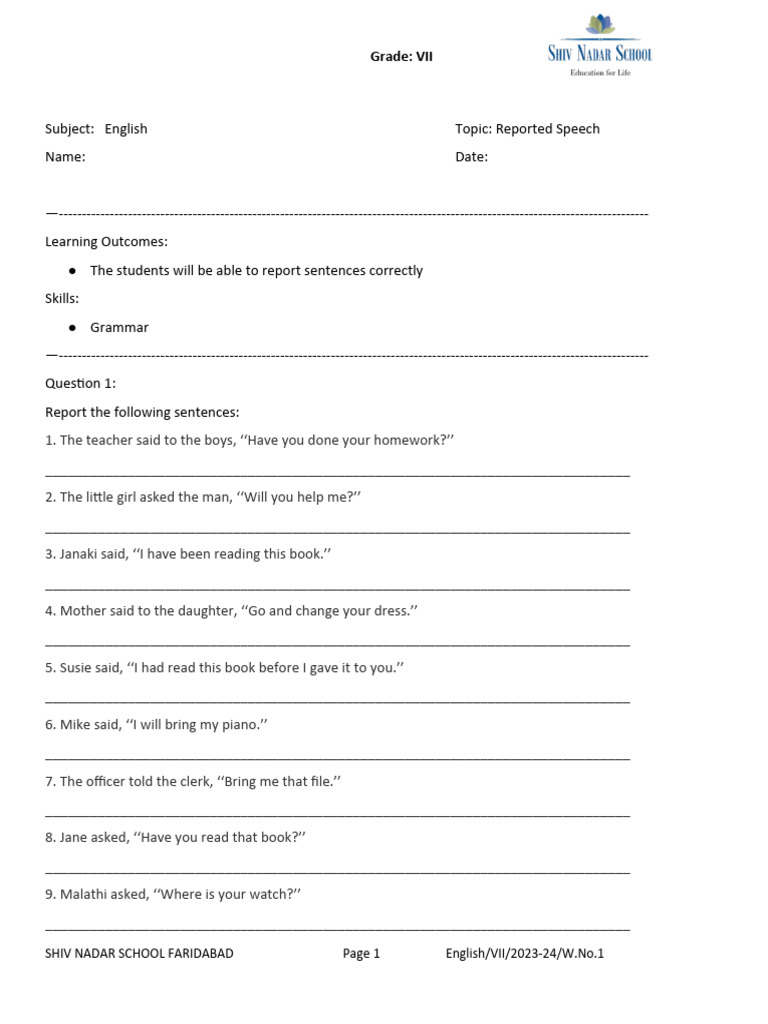 Reported Speech Worksheet PDF Learning