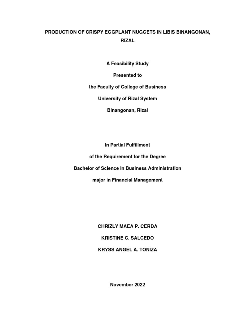 Feasibility Study of Crispy Eggplant Nuggets in Libis Binangonan Rizal