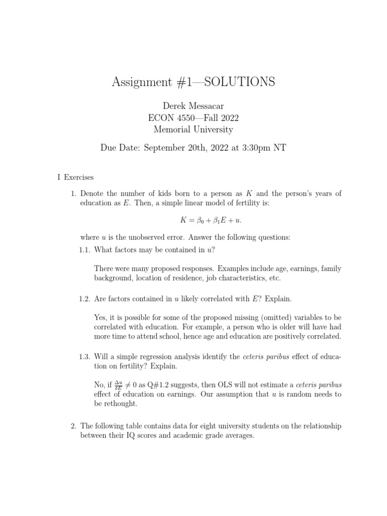 ECON 4550 Assignment 1 Solutions | PDF | Regression Analysis | Linear ...