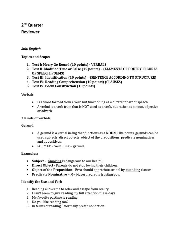 English 2nd Quarter Review: Verbals & Poetry | PDF | Poetry | Verb