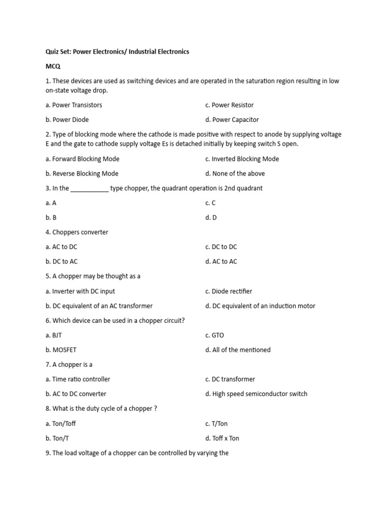 Quiz Set Power Electronics Or Industrial Electronics Final Pdf
