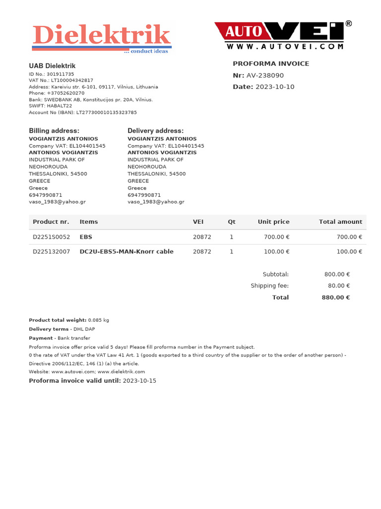 Proforma Invoice AV-238090 | PDF