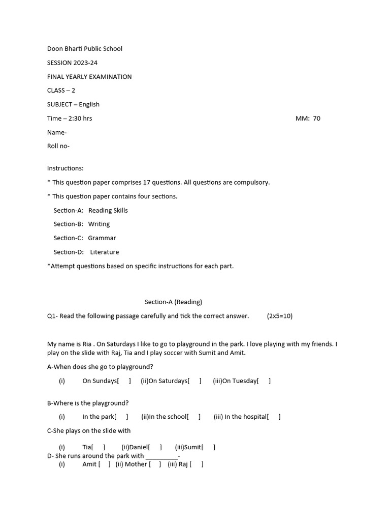 Final Exam Class 2 English Question Paper PDF Linguistics Grammar