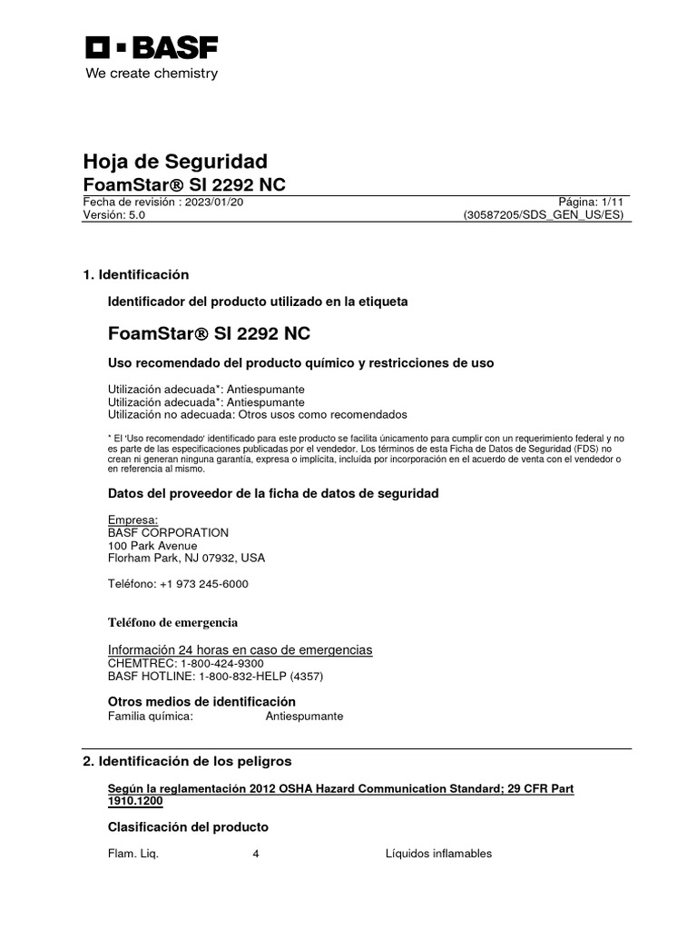Foamstar® Si 2292 NC Sds Es Us | PDF | Residuos | Toxicidad