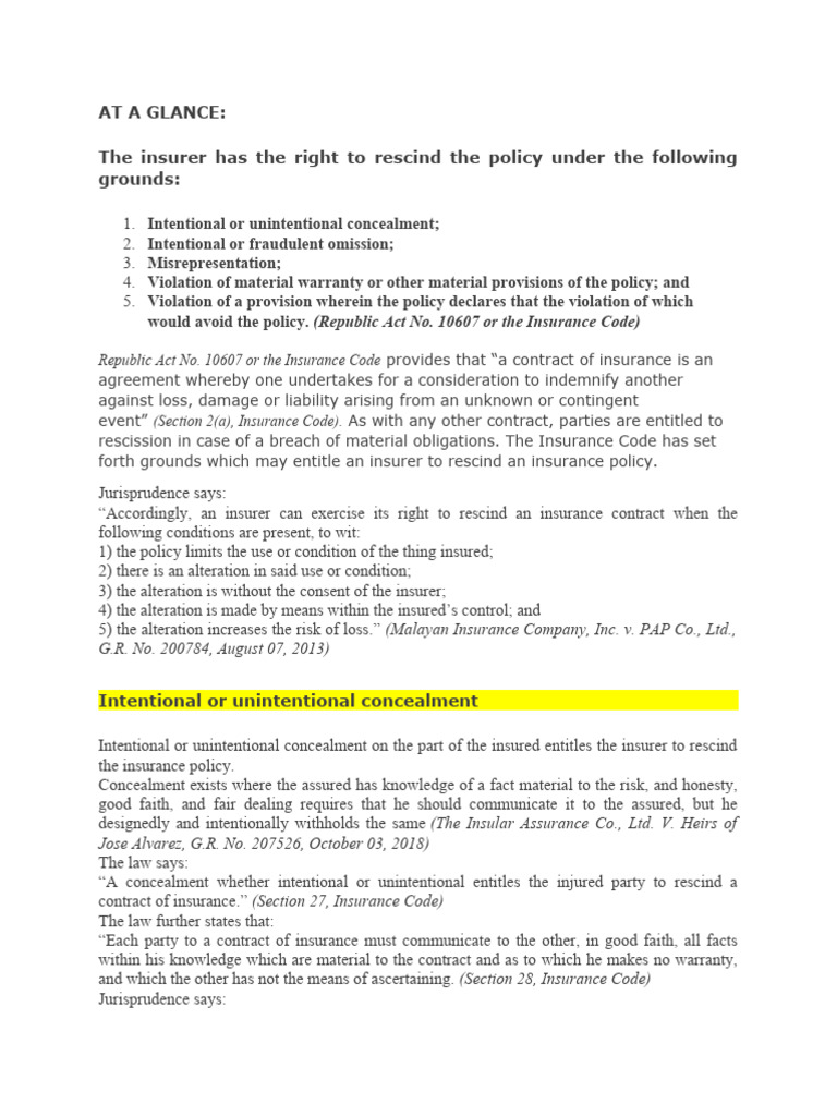 Rescission of Insurance Contracts PDF Insurance Indemnity