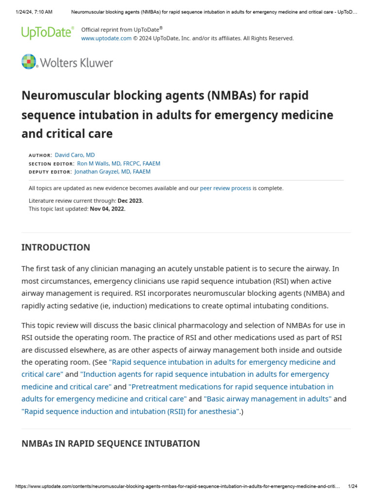 Neuromuscular blocking agents nmbas for rapid sequence intubation in