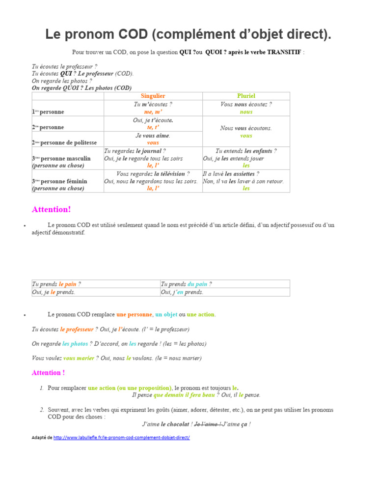 Comprendre le pronom COD | PDF | Pronom | Complément d'objet