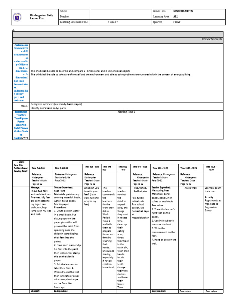 Kindergarten Weekly Lesson Plan | PDF | Teachers | Kindergarten