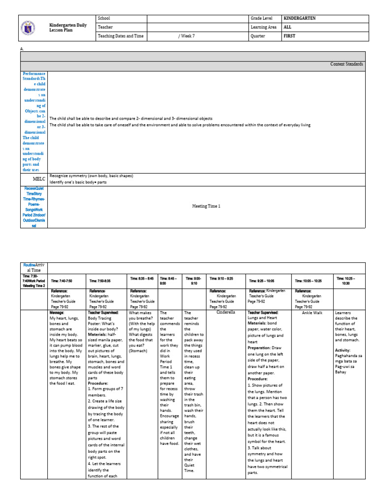 Kindergarten Weekly Lesson Plan | PDF | Teachers | Heart