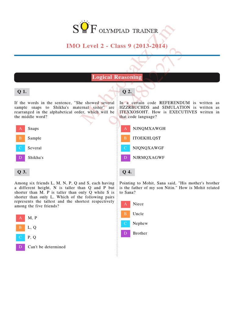IMO Level 2 Class 9 Logical Reasoning Questions | PDF | Area | Circle