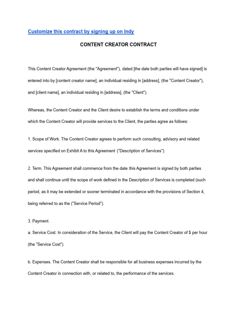 Content Creator Contract Template | PDF | Indemnity | Trade Secret