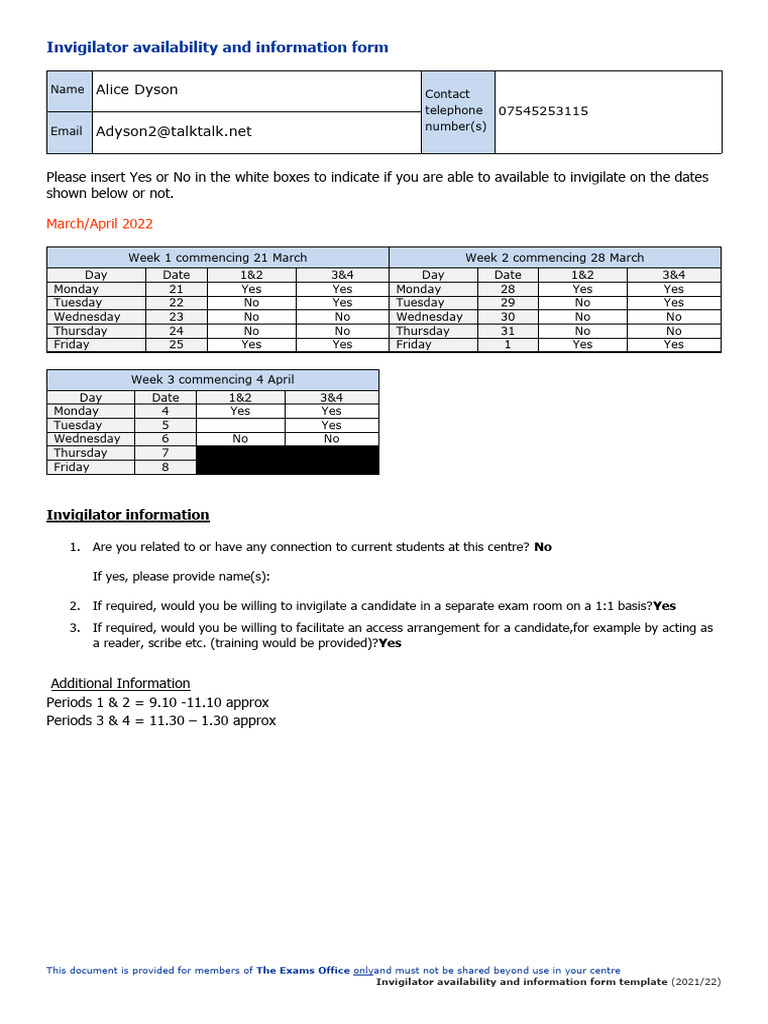 Invigilator Availability Form 2022 | PDF