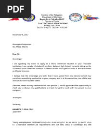 Work Immersion Application Letter