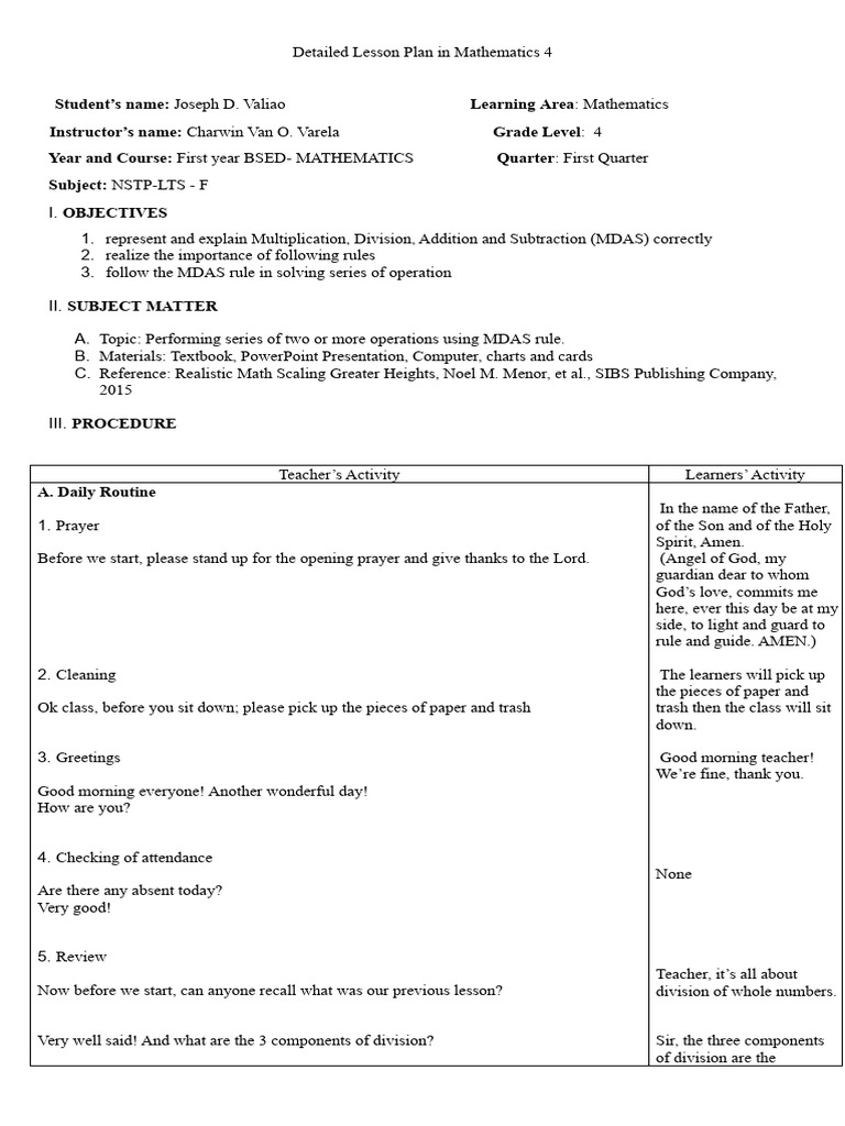 Grade 4 MDAS Lesson Plan | PDF | Division (Mathematics) | Mathematics