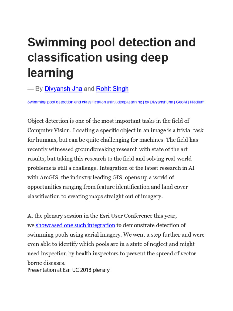 Deep Learning for Swimming Pool Detection | PDF | Arc Gis | Esri