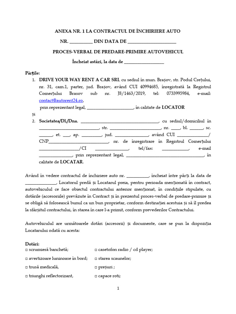 Proces Verbal de Predare Primire Autorent24 | PDF