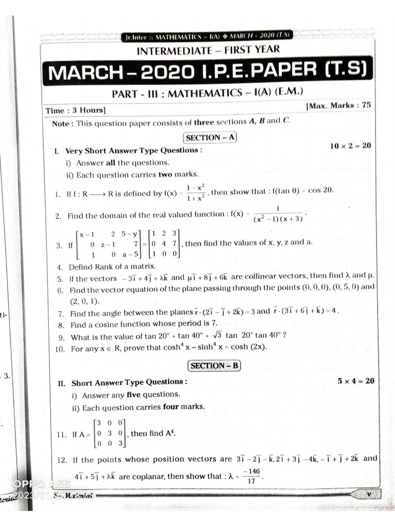 Maths 1a Previous Years Question Papers | PDF