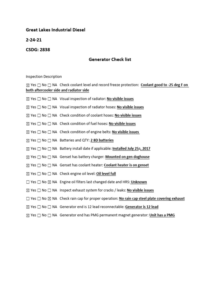 Generator Inspection Checklist Excel