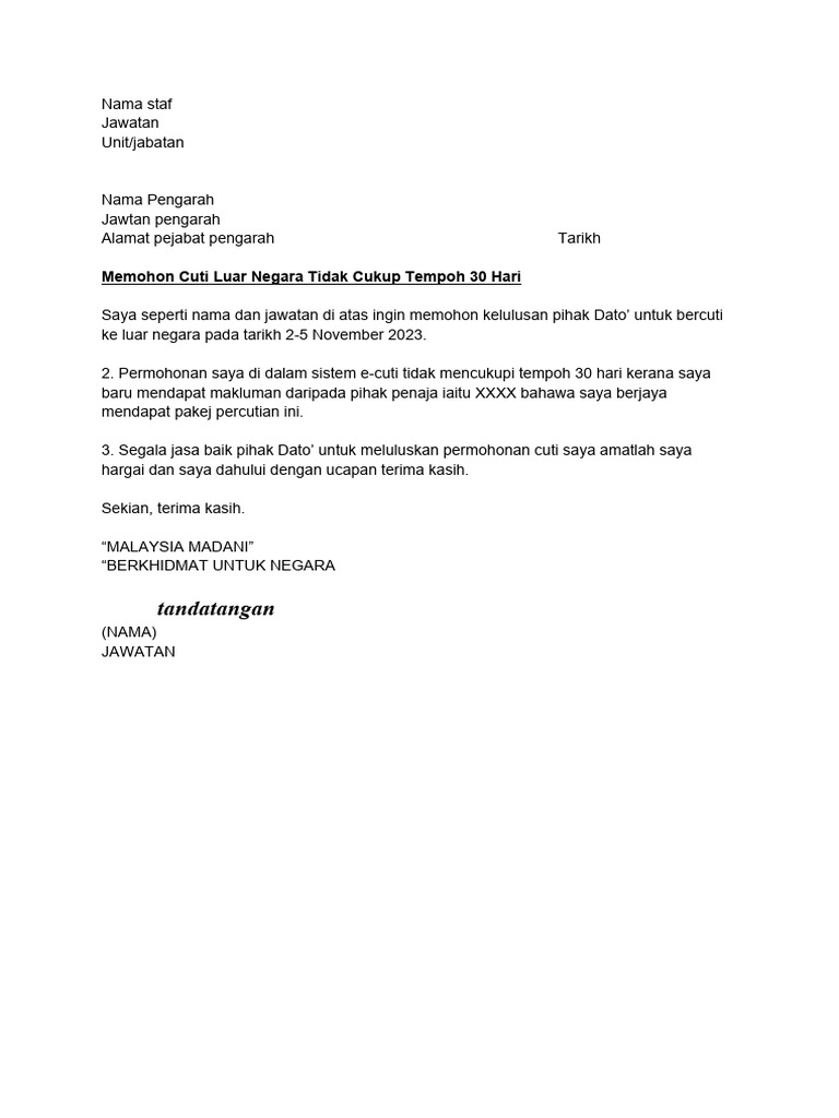 Surat Permohonan Kelulusan Cuti Luar Negara | PDF