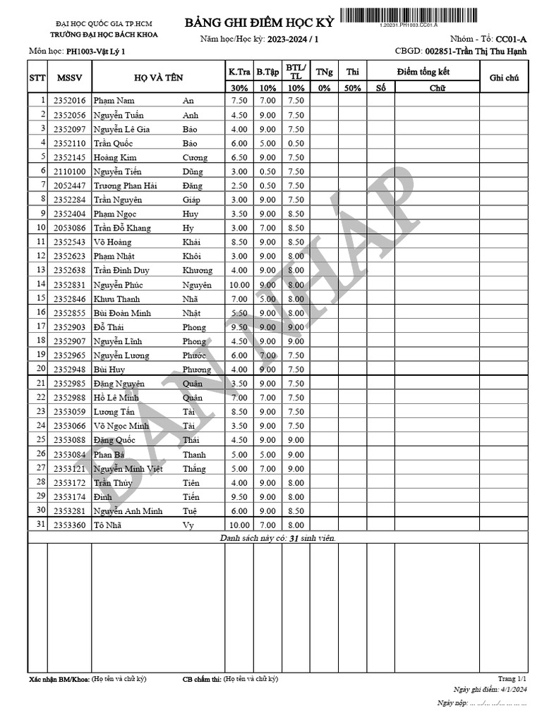 Bang Diem Nhap - 1.20231.PH1003.CC01.A | PDF